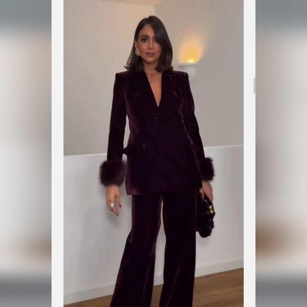 Zara Set 2 Pc Velvet Blazer With Faux Fur Cuffs and Wide Pants Size M